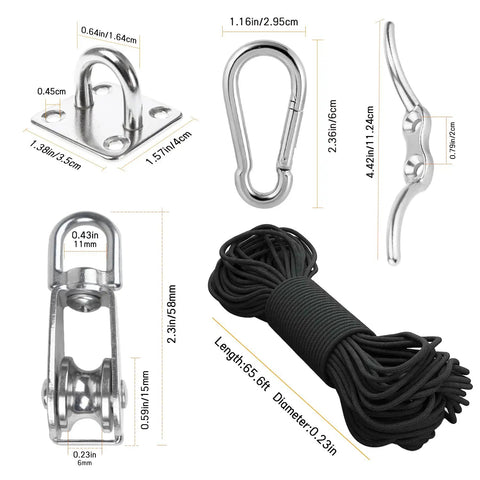 Beefy Heavy Duty Stainless Steel Pulley System Kit 2 Pack With Nylon Rope Hooks Eye Pad Plate And Rope Cleat components