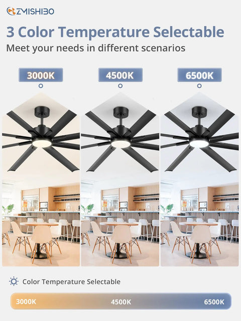 84 Inch Industrial Ceiling Fan With Lights, 3 CCT, Large Black Ceiling Fan in indoor setting showcasing different color temperatures.