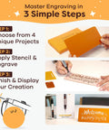 Instructions for "Customizer Special Edition Engraving Kit DIY Starter Set With Engraving Pen And Bits And Materials For Beginners Create Custom Keychains Magnets And Metal Art A Giftable Craft Kit For New Hobbyists" showing engraving steps and completed projects.
