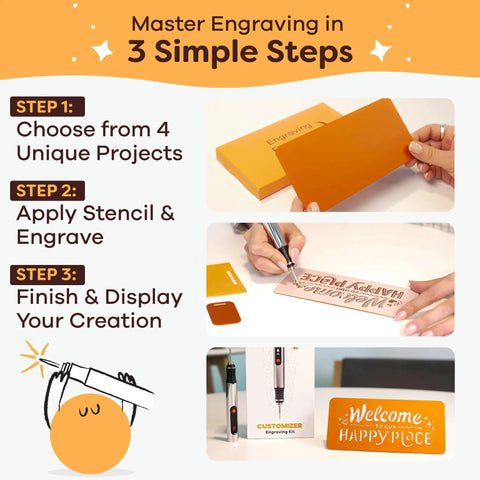 Instructions for "Customizer Special Edition Engraving Kit DIY Starter Set With Engraving Pen And Bits And Materials For Beginners Create Custom Keychains Magnets And Metal Art A Giftable Craft Kit For New Hobbyists" showing engraving steps and completed projects.