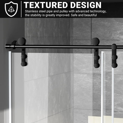 Close-up of 60 Inch Wide Frameless Sliding Shower Door With Sealing Strips And Waterproof Handle 5/16 Inch 8mm Clear Tempered Glass Black Stainless Steel Hardware 76 Inch High Reversible Left Or Right Opening
