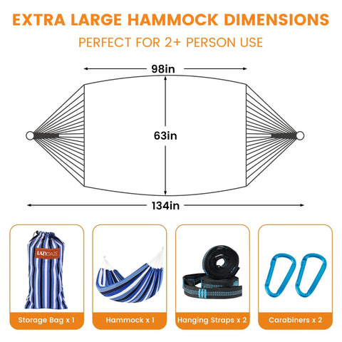 Diagram of Extra Large Double Brazilian Cotton Hammock With Tree Straps And Travel Bag, showing dimensions and included items
