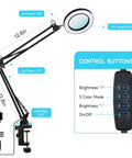 LED Magnifier Desk Lamp With Stand Three Color Modes And Stepless Dimming shows adjustable arm and control buttons