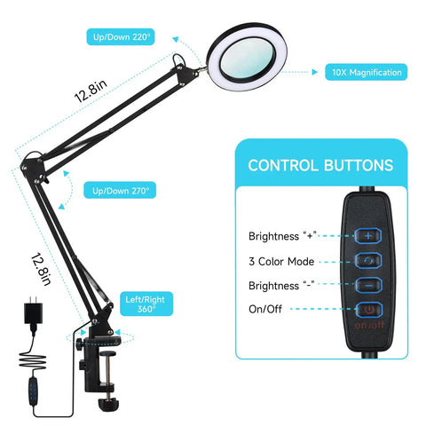 LED Magnifier Desk Lamp With Stand Three Color Modes And Stepless Dimming shows adjustable arm and control buttons