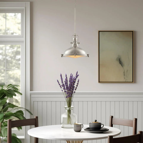 Industrial Farmhouse Nautical Pendant Light With Round Fresnel Lens, adjustable height, hanging over dining area table, oil rubbed bronze finish