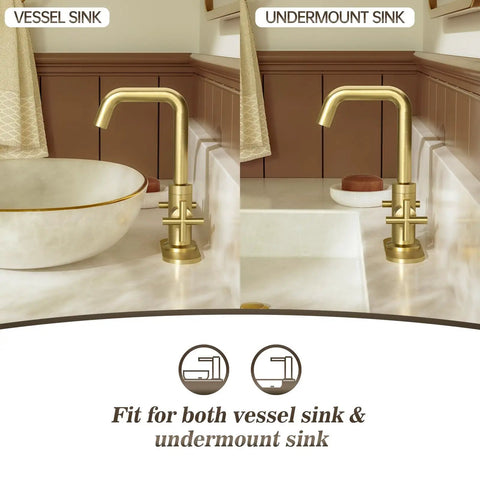 Brushed Gold 2-Handle 4 Inch Centerset Bathroom Faucet With Drain Deck Plate And Supply Hoses shown with vessel and undermount sinks
