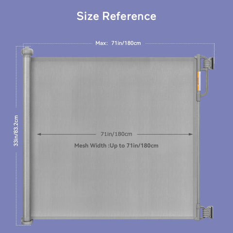 Size reference of Retractable Mesh Baby Gate For Stairs And Doorways, Extra Wide Up To 71 Inches, 33 Inches Tall.