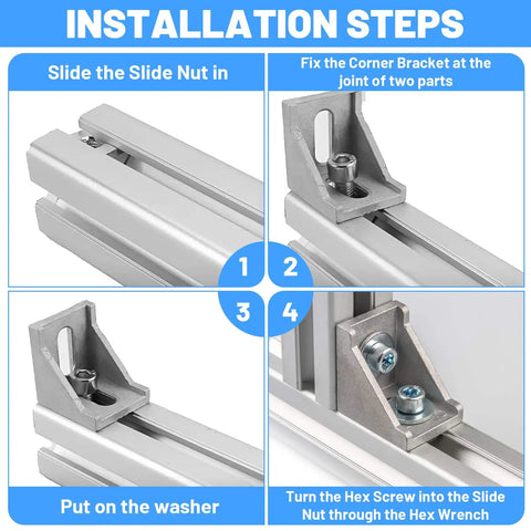 Step-by-step guide for using 20 Piece 4040 Aluminum Extrusion Connector Kit with Corner Brackets, M8 T Slot Nuts, Washers, and Wrench