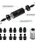 Exploded view of Plug And Play 10 Micron Inline Fuel Filter Kit With 6AN 8AN 10AN Adapters, showing housing, fittings, and filter element.