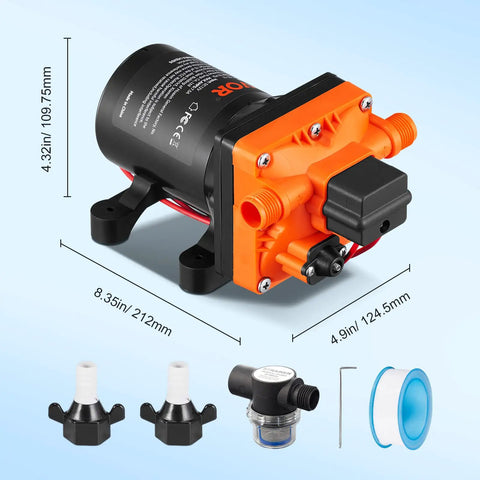 12V Diaphragm Water Pump 3.5 GPM Self Priming With Adjustable 40 To 80 PSI Overload Protection Half Inch MNPT