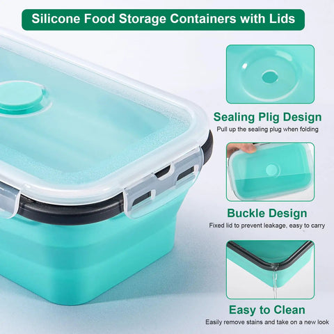 Close-up of Eight Pack Collapsible Food Storage Containers With Lids showing sealing plug, buckle design, and easy-to-clean features.
