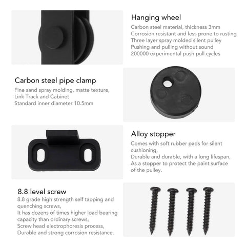 Components of Rustic Barn Door Hardware Kit For Sliding Doors, Heavy Duty Carbon Steel Track Rail Set For Single Or Double Bypass Doors.