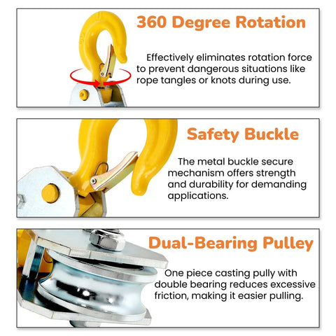 Two Pack Pulley Hook Snatch Block For One Ton 2200 Lb Load Heavy Duty Steel With Hook For Five Eighth Inch Wire Rope 360 Degree Swivel Double Bearing Hoist Pulley System For Towing, 360 degree rotation, safety buckle, dual-bearing pulley