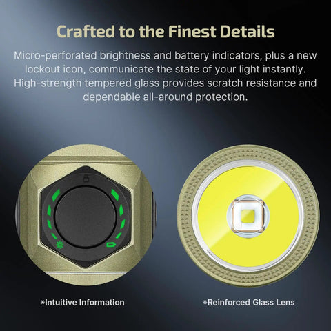 Close-up of Tiny But Mighty Pocket Light Baton Ultra EDC Flashlight 1800 Lumen Rechargeable showing dial and lens details