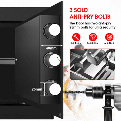 Close-up of the 1.3 Cu Ft Fireproof And Waterproof Safe Box with anti-pry bolts showing security mechanism.