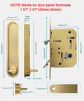 Pocket Door Lock Hardware With Pull Inconspicuous Sliding Door Handle Recessed Lock for furniture, gold zinc alloy electroplated brushed finish, components displayed with dimensions.