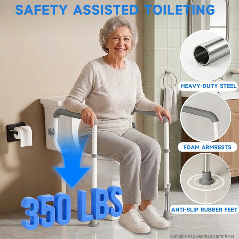 Adjustable Toilet Safety Rails For Seniors With Locking Mounts To Seat Holes For A Rock Solid Base That Eliminates Wobble while supporting a user.