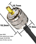 Close-up of PL259 male connector on Four Pack 50 Ohm RG58 Coax Cables with dimensions for CB Ham Radio use