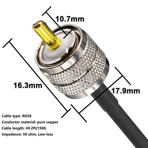 Close-up of PL259 male connector on Four Pack 50 Ohm RG58 Coax Cables with dimensions for CB Ham Radio use