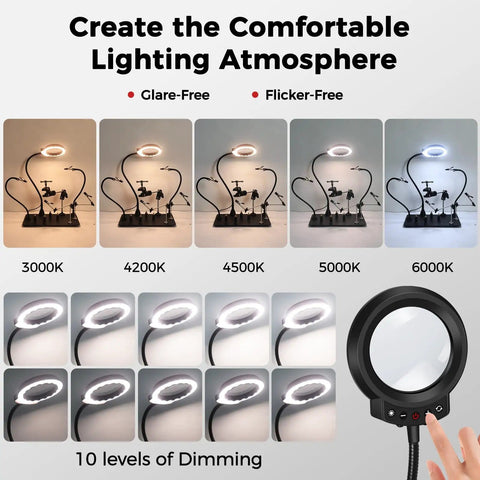Go-To Hands-Free Soldering Station with dimmable 5x magnifying lamp, 360-degree clamp, multiple color temperatures, large base