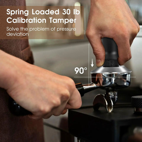 54mm Espresso Accessories Kit With Distribution Tool And Spring Loaded Calibrated Tamper in use on portafilter