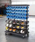 Seven Tier Double Sided Rolling Bin Storage Rack With Ninety Four Plastic Bins On Wheels in garage setting