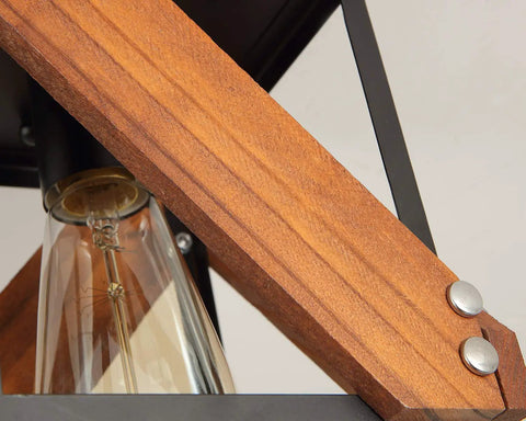 Detail of bulb and wood frame from Dope Rustic Industrial Two Light Flush Mount Ceiling Light With Metal And Wood Square Frame