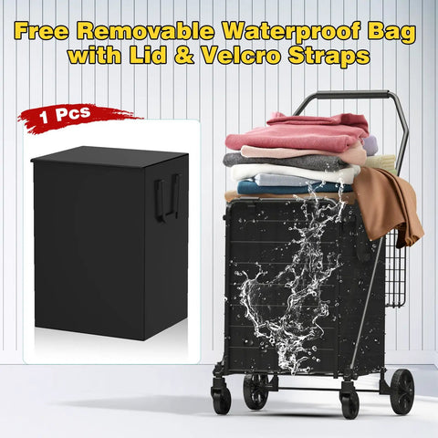 Heavy Duty Folding Shopping Cart With Double Basket And 380 Pound Capacity, 3.7 Cu Ft Portable Grocery Cart, 360 Degree Braked Swivel Wheels, Removable Waterproof Liner With Lid