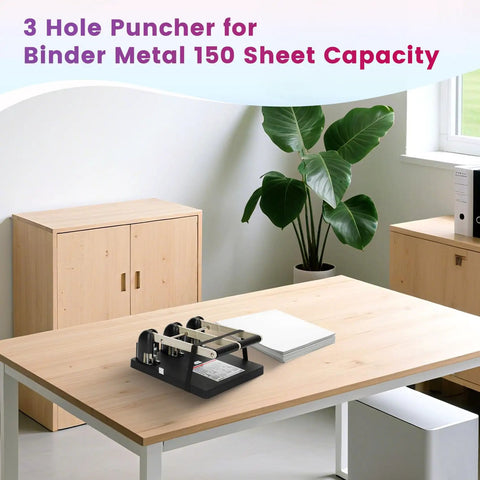 Heavy Duty Three Hole Punch With Labor Saving Handle Punches Up To 150 Sheets In A Single Pass on office table
