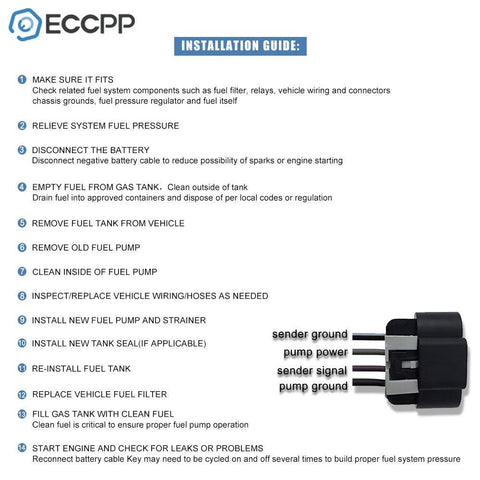 ECCPP fuel pump installation guide with a wiring diagram and step-by-step instructions for Chrysler 300 and Dodge Challenger.