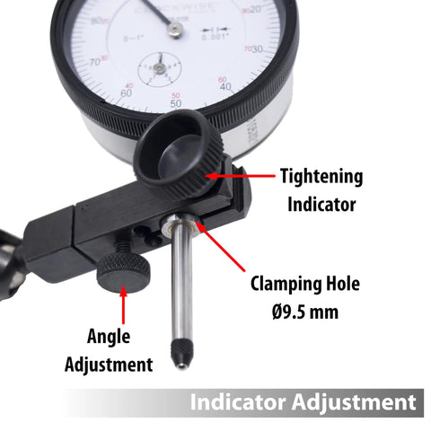 Dial indicator with magnetic base holder; adjustable angle knob and clamping hole Ø9.5 mm, Amazon brand