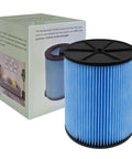 VF5000 3 Layer High Efficiency Fine Dust Replacement Filter next to box showing product details for Wet Dry Vacuums 6 to 20 Gallon