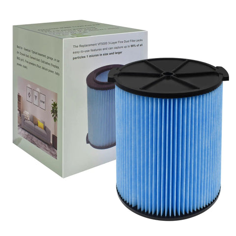 VF5000 3 Layer High Efficiency Fine Dust Replacement Filter next to box showing product details for Wet Dry Vacuums 6 to 20 Gallon