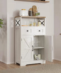 White Farmhouse Storage Cabinet With Barn Doors And Shelves in kitchen setting