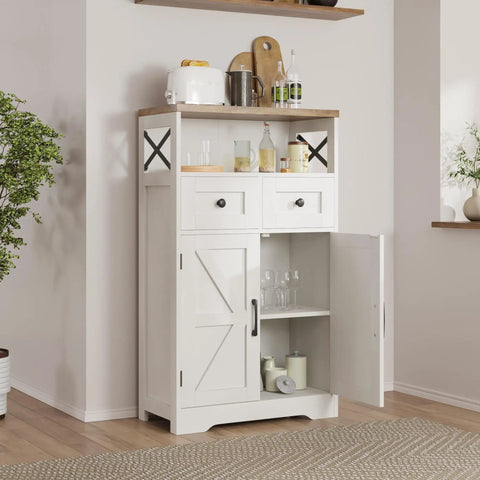 White Farmhouse Storage Cabinet With Barn Doors And Shelves in kitchen setting