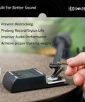 Turntable Cartridge Alignment Kit With Protractor Digital Scale Azimuth Ruler And VTF Gauge Block In Premium EVA Case For Precise Cartridge Setup Accurate Tracking And Rich Pure Sonic Vinyl Sound For The Vinyl Nerds showing digital scale in use