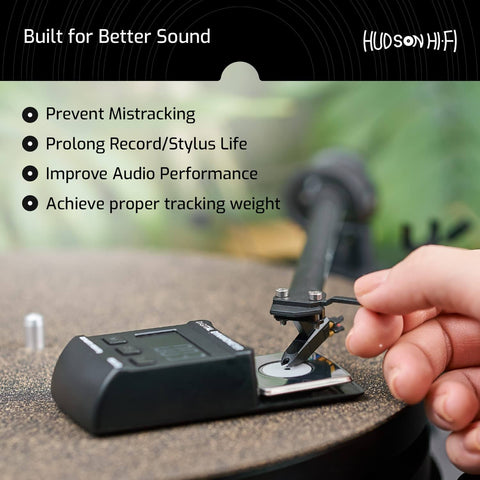 Turntable Cartridge Alignment Kit With Protractor Digital Scale Azimuth Ruler And VTF Gauge Block In Premium EVA Case For Precise Cartridge Setup Accurate Tracking And Rich Pure Sonic Vinyl Sound For The Vinyl Nerds showing digital scale in use