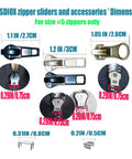 Zipper Repair Kit Size Five Twelve Piece Set With Sliders Top Stops And Bottom Stops For Coats And Jackets No Fuss Easy Quick Fix For Metal Plastic And Nylon Zipper Teeth, showing size #5 sliders dimensions.