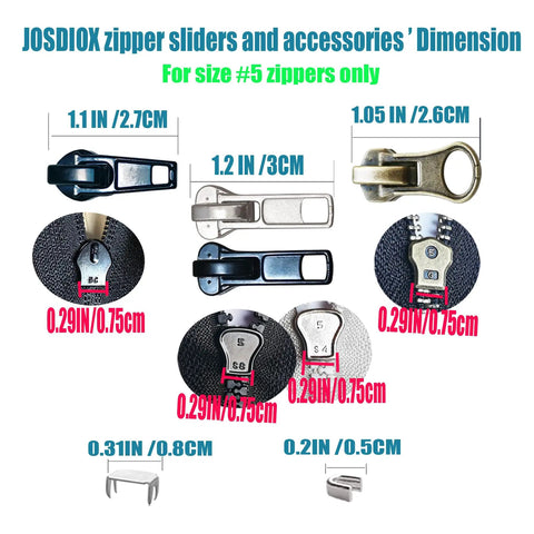Zipper Repair Kit Size Five Twelve Piece Set With Sliders Top Stops And Bottom Stops For Coats And Jackets No Fuss Easy Quick Fix For Metal Plastic And Nylon Zipper Teeth, showing size #5 sliders dimensions.
