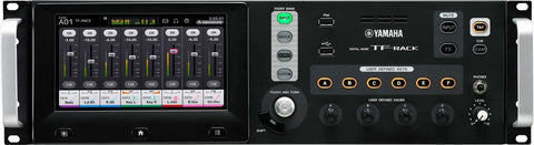 Front view of 40 Channel Rack Mount Digital Mixer for Stage and Studio, featuring touchscreen and multiple input/output controls.