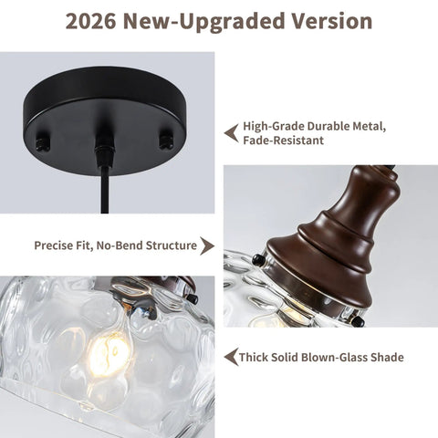 Vintage Glass Pendant Light Kitchen Island with Walnut Wood 9.8in featuring a clear hammered glass shade and walnut finish.
