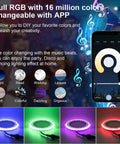 Full RGB LED light strip with app control, showcasing 16 million color options and music sync feature, multi-colored display