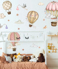 Watercolor Hot Air Balloon Wall Decals Set With Clouds, Stars, And Flying Birds, Adorable Nursery Bedroom Playroom Decor