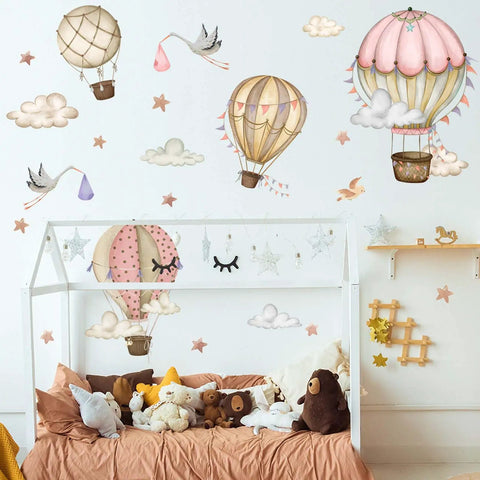 Watercolor Hot Air Balloon Wall Decals Set With Clouds, Stars, And Flying Birds, Adorable Nursery Bedroom Playroom Decor