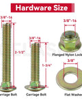 Image showing 3/8"-16 hardware sizes for carriage bolts, flanged nylon lock nut, and flat washer with dimensions in inches.