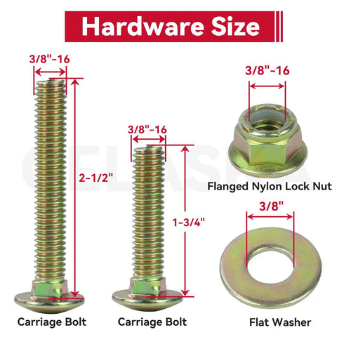 Image showing 3/8"-16 hardware sizes for carriage bolts, flanged nylon lock nut, and flat washer with dimensions in inches.