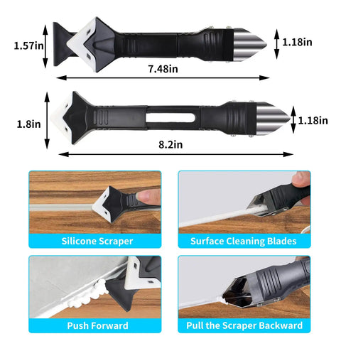 Silicone Caulking Tools 3-In-1 Grout Removal Tool Scraper Set For DIY Home Repairs, Angle Scraper, Glass Glue Blade, Adhesive Residue Remover, Seam Repair Kit, 11-Piece Finishing Tool Set, Black, 7.48in and 8.2in scraper