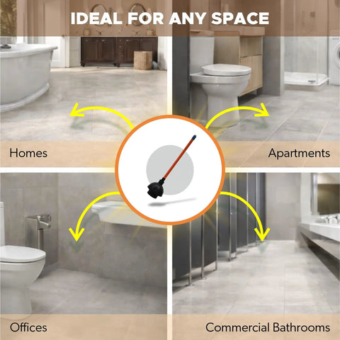 Heavy Duty Toilet Plunger For Bathrooms And Kitchens With Industrial Strength Suction Cup Flange Plunger Red Handle Ready To Clear Drains Sinks And Toilets Pro Grade For Home Or Biz Use Everyday Clogs shown for various spaces like homes and commercial bathrooms.
