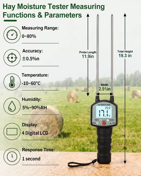 Hay Moisture Tester With Long Probe, Portable Bale Moisture Meter for hay, 11.9-inch stainless steel probe and LCD display