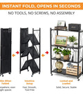 Heavy Duty 4 Tier Foldable Storage Shelf, Massive Rolling Wire Rack With Pivoting Casters, Dead Simple Tool Free Assembly, Total Game Changer Cube Organizer For Kitchen Pantry Garage Or Home Office, Black, shown folded and opened.